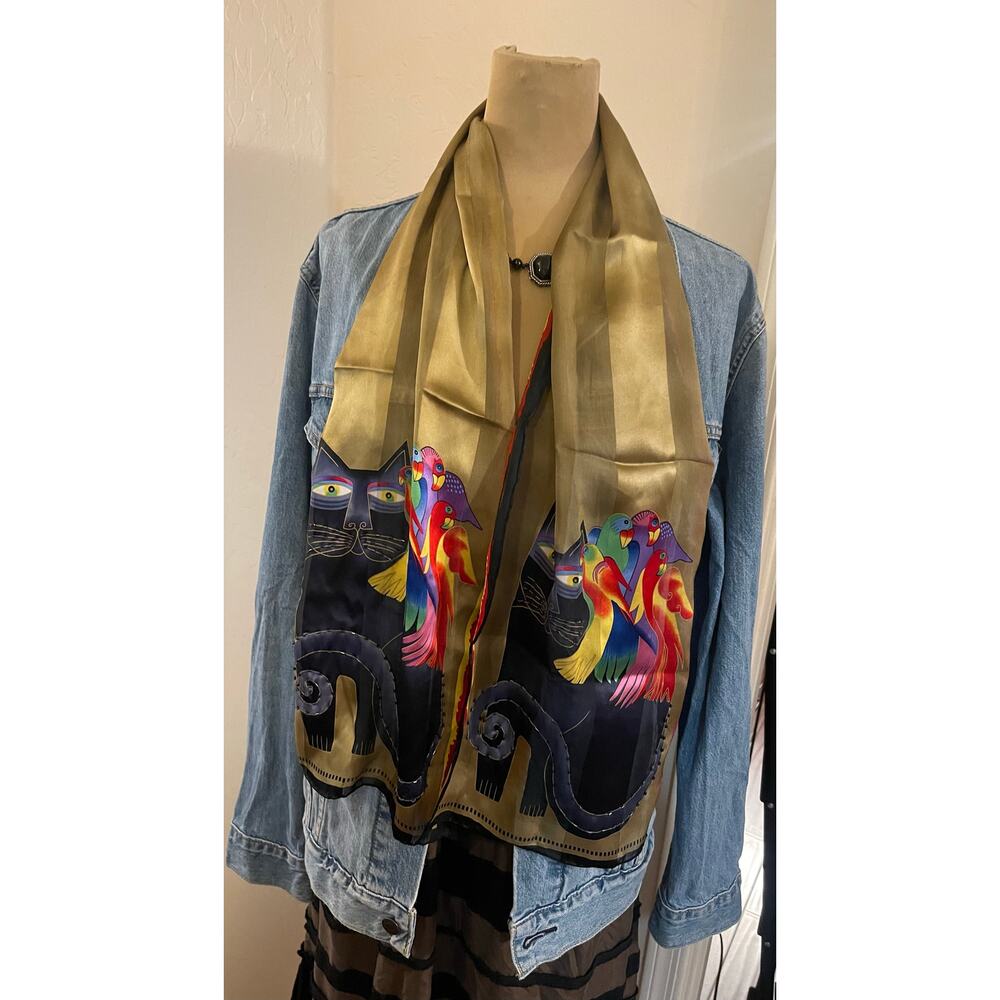 Laurel Burch silk scarve cat and parrots